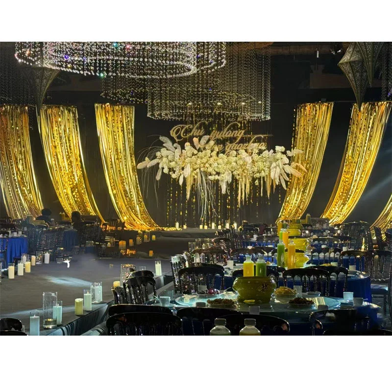 

Wedding Stage background fabrics For Wall Arch Hanging Decoration Gold Silver Fabric Suspended Ceilinng Elastic Hot Stamping 50M