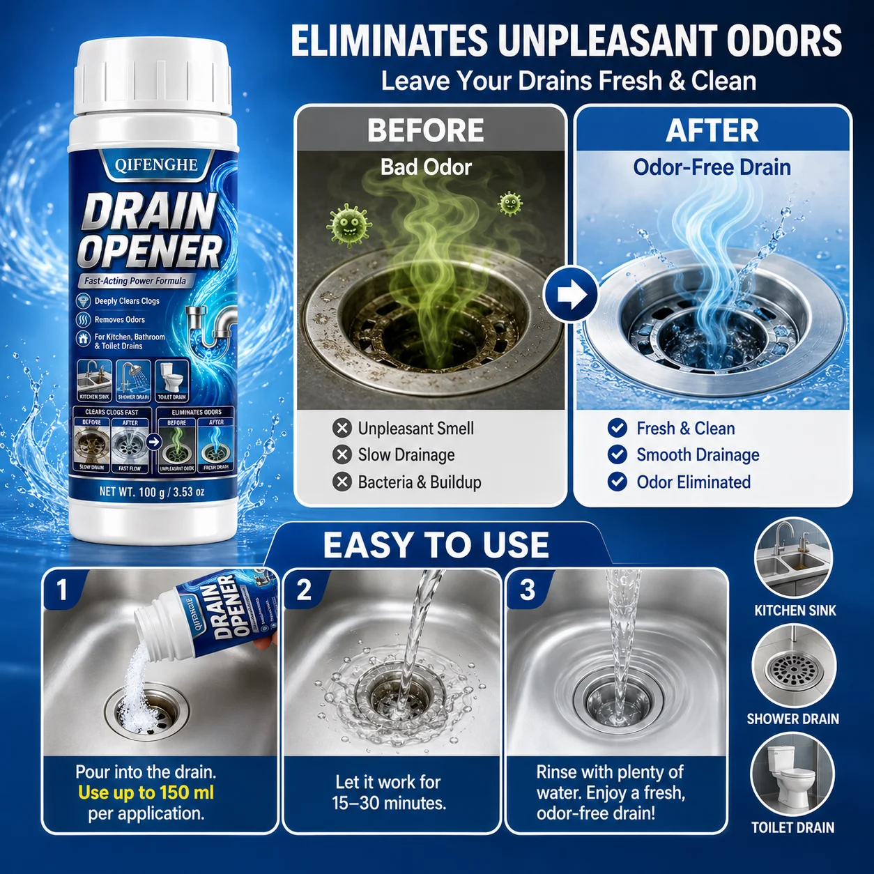 100g Drain Cleaner Powder, Powerful Pipe Dredge Agent for Kitchen Sink Bathroom Toilet, Clog Remover & Odor Remover