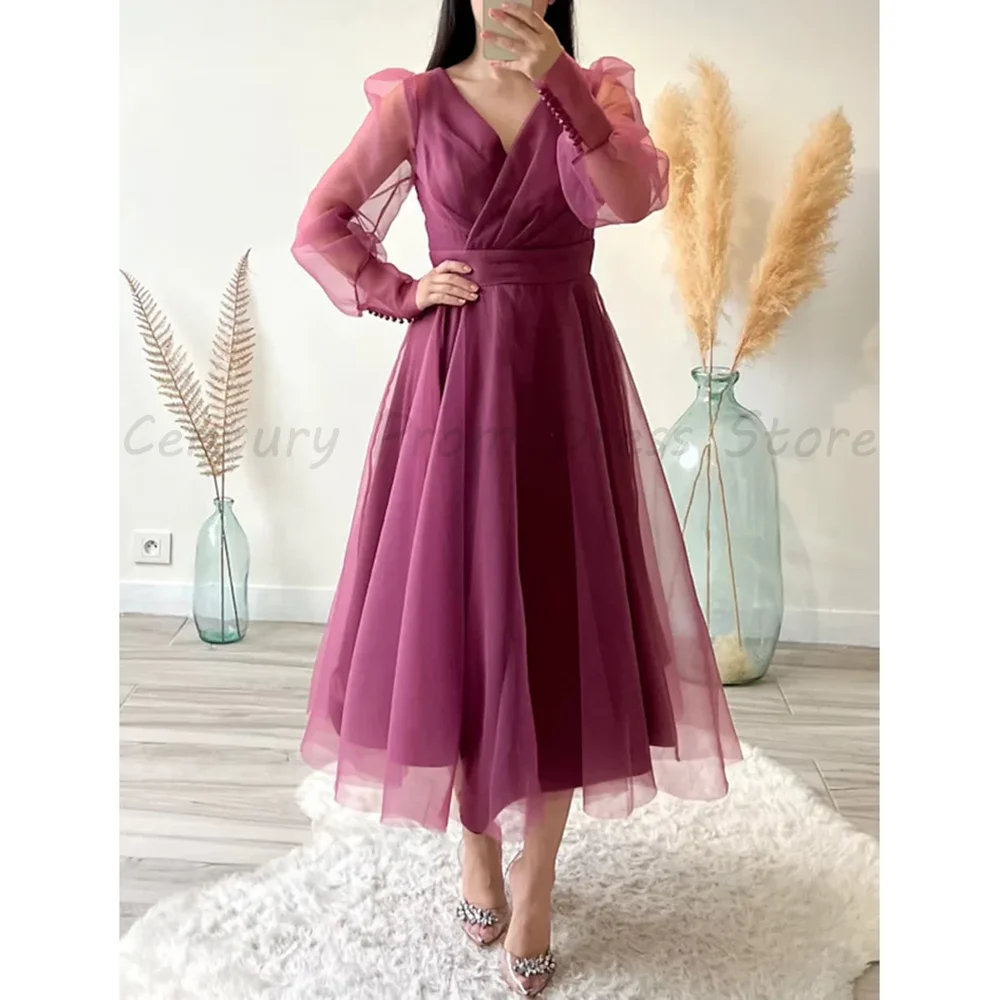 

Women Burgundy Tulle Midi Evening Dress V Neck Puff Long Sleeve Beaded Cuff A Line Formal Wedding Guest Party Gown