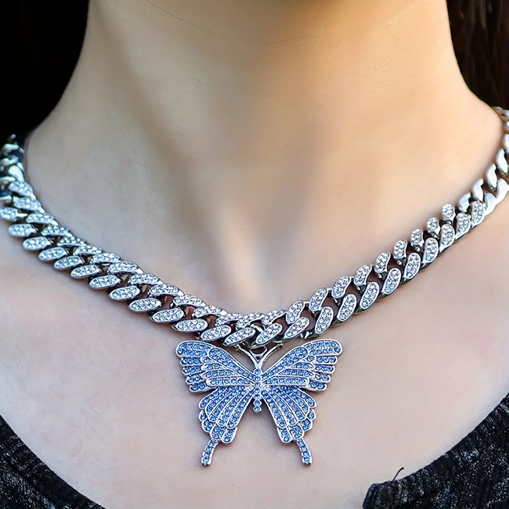 

Hip Hop iced out Big Butterfly Pendant Cuban chain Cool glam Rock Alloy couple necklace Street punk party women Fashion jewelry