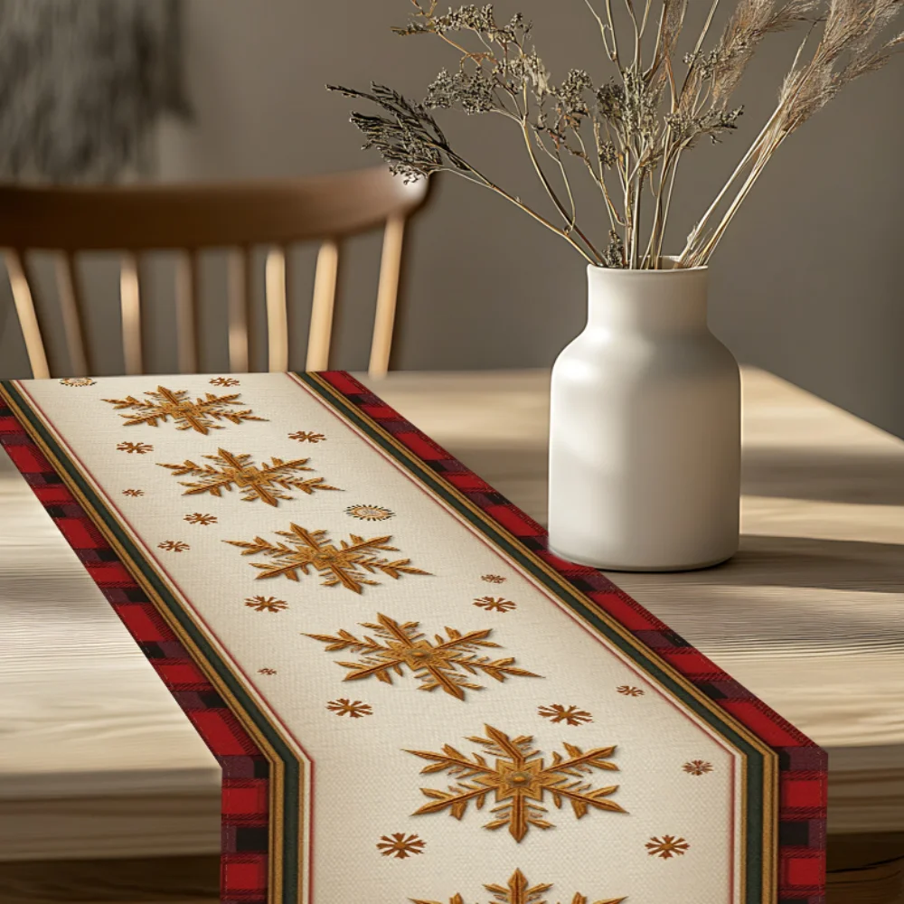 1pc Christmas Table Runner, Red Plaid with Golden Snowflake Design, White Winter Holiday Decoration, Perfect for Dining