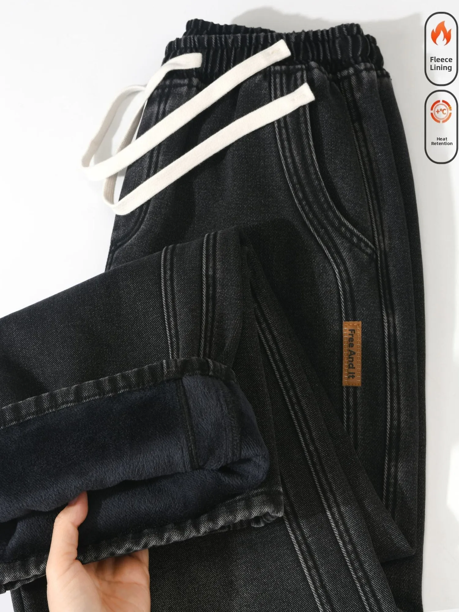 

Men's Workwear Fce Lined Loose Fit Casual Jeans Wear Resistant Comfortable Cotton Stretch Denim mid Waist Dstring Closure