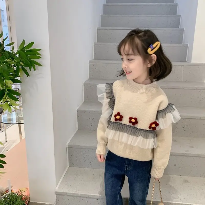 2024 Autumn Winter Infant Baby Girl Knitwear 3D Flower Lace Thicken Velvet Kid Girl Sweater Round Collar Toddler Girls Pullovers