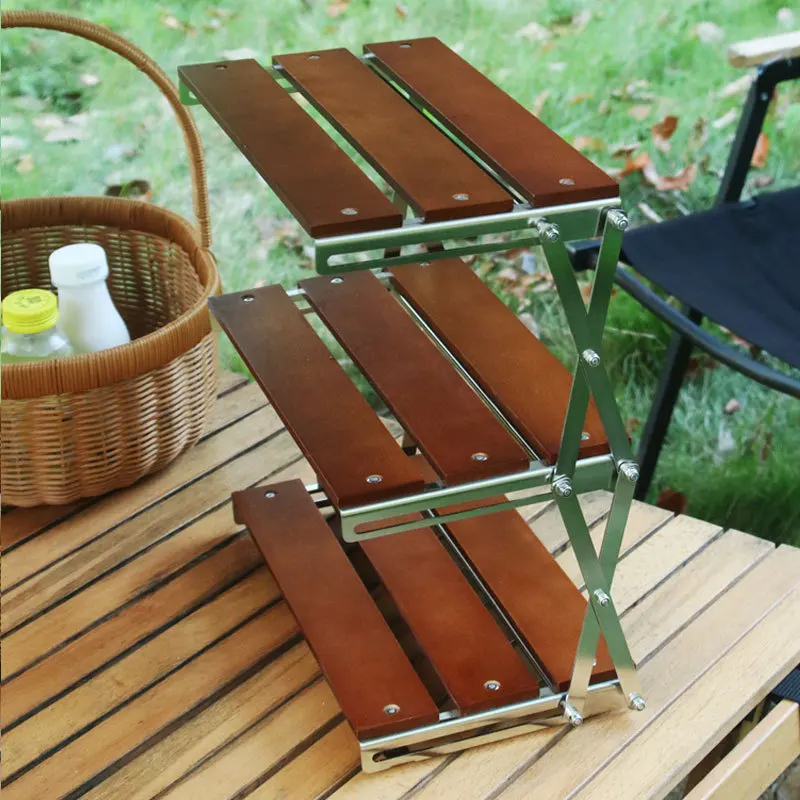 Outdoor Camping Multifunctional Desktop Retractable Wooden Storage Rack Simple Modern Three-layer Folding Rack