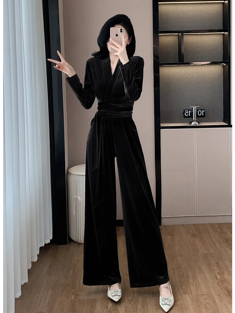 SMTHMA New Autumn Winter Celebrity Velvet Jumpsuit V-Neck Slimming High Waisted Tie Up Wide Leg Pants