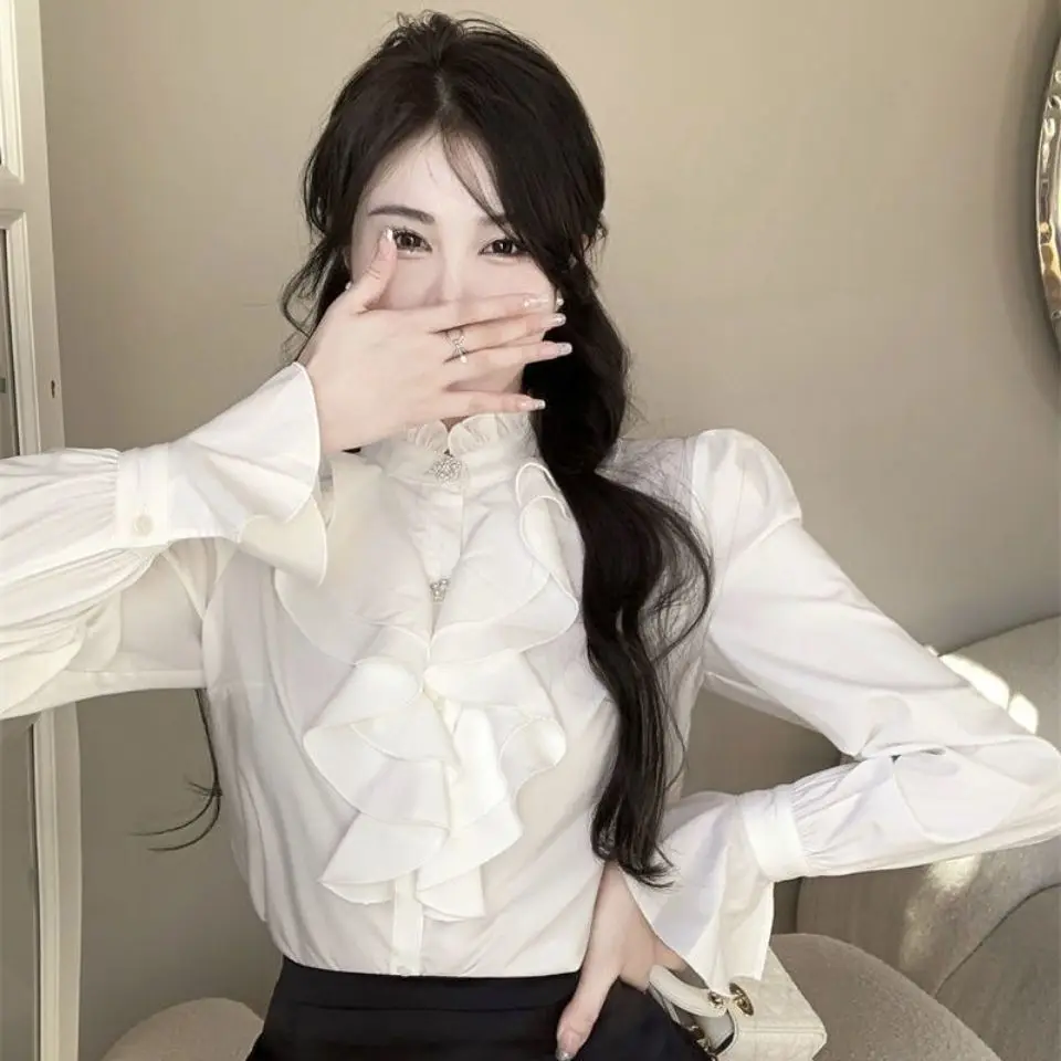 Women Blouse High Street Tops Korean Fashion Vintage Stand Collar Loose Long Sleeve Blouses Shirts Blusas Mujer White Shirt E139