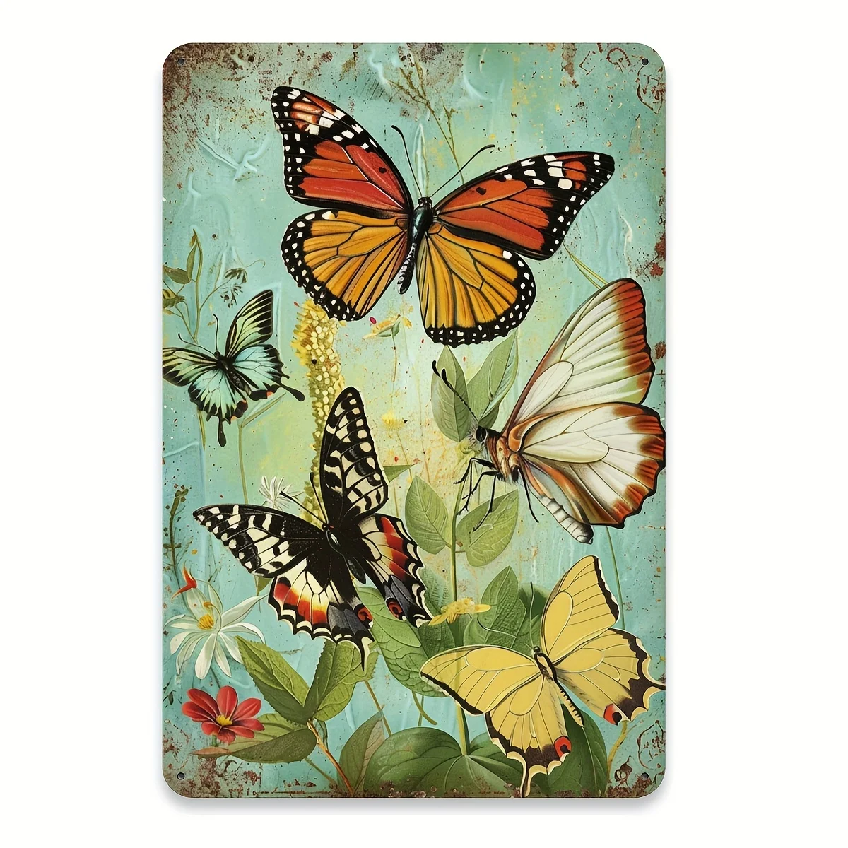 （2D Tin painting）Panneau métallique Vintage en étain pour jardin de papillons, Art mural créatif avec gravure sur feuille flo