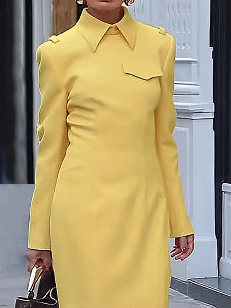 Beautyblue Elegant Chic Long Dress Woman Yellow Party Dresses Fashion Long Sleeves Split-Joint Lapel Casual Commuter Long Skirt