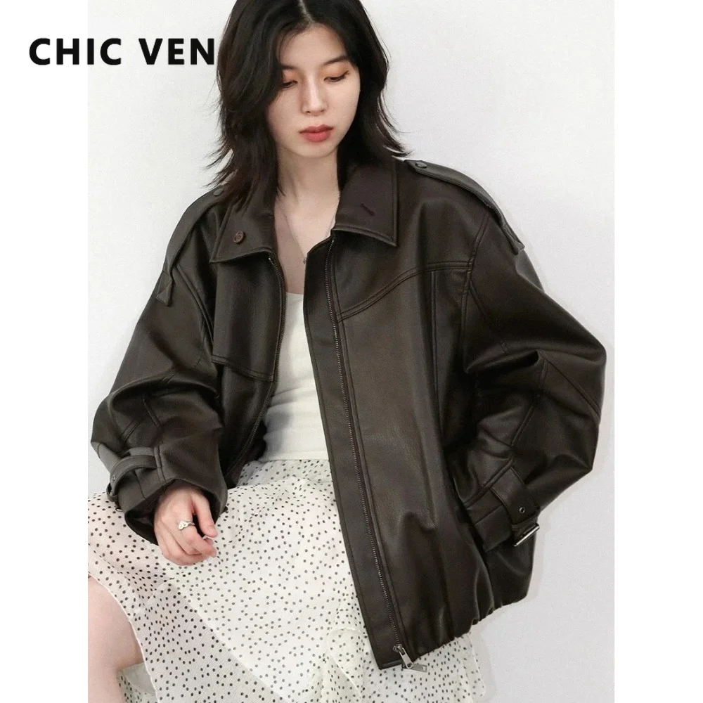 CHIC VEN Vintage Women Faux Leather Jackets Fashion Loose Laple Zipper Motorcycle PU Coats Female Clothing Spring Autumn 2026