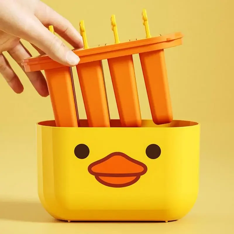 Cavity Food Grade Ice Cream Molds Box Cartoon Silicone Popsicle Reusable Cake Lolly Pop For Summer Frozen Mould Bar Yellow Duck