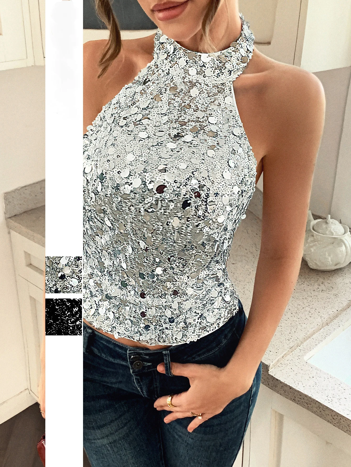 

Elegant Temperament Hanging Collar Sequin Vest, Summer Women's Sexy Slim Fit Hanging Neck Sleeveless Vest Top with Exposed Back