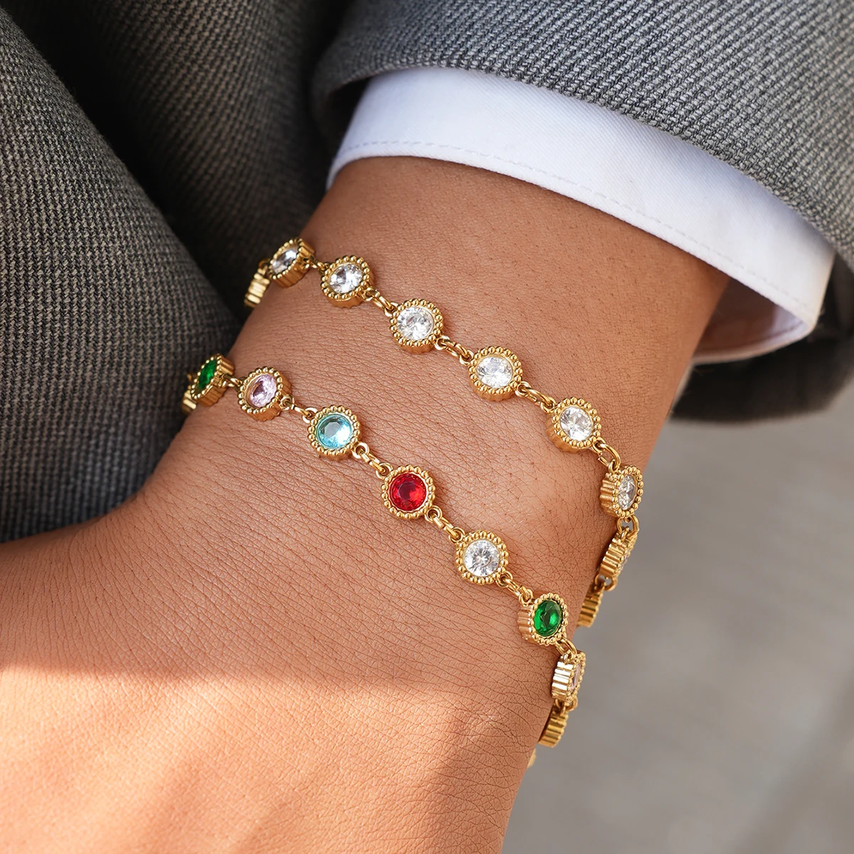 

Colorful Circle Cubic Zirconia Shiny Waterproof Bracelet Bangle Stainless Steel Jewelry Casting Technology Holiday Gifts For Her