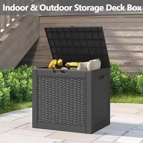 31 gallon deck box, resin outdoor storage box, waterproof and UV resistant deck box, lightweight storage box for gardening tools