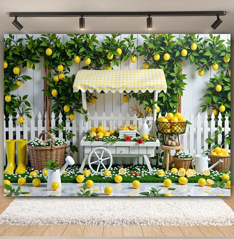 Lemon Cart Booth Shop Theme Backdrop Fruit Stand Lemon Green Plant White Fence Garden Kids Birthday Party Photography Background