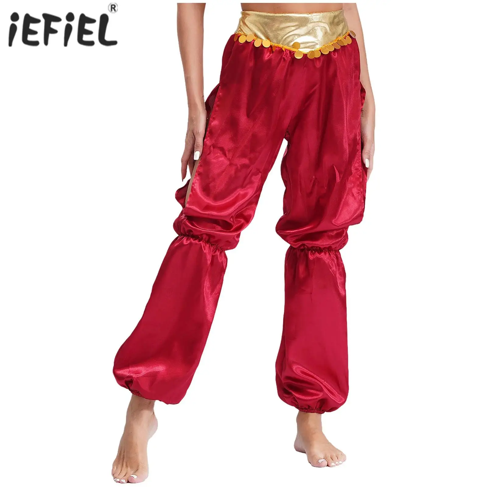 Womens Belly Dance Bloomers Pants Halloween Arabian Princess Costume Metallic Ruched Waistband Gold Circles Side Split Pants