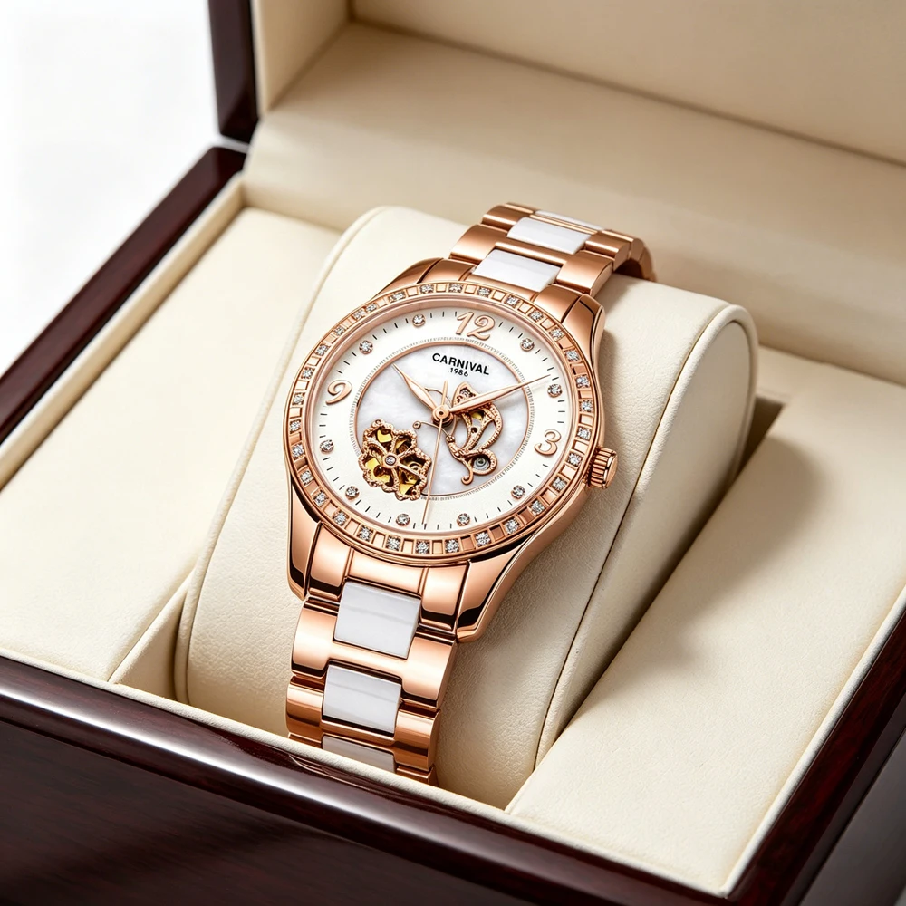 

Carnival New Mechanical Watch for Women Waterproof Stainless Steel Ceramic Bracelet Automatic Watch Fashion Diamond Women Watch