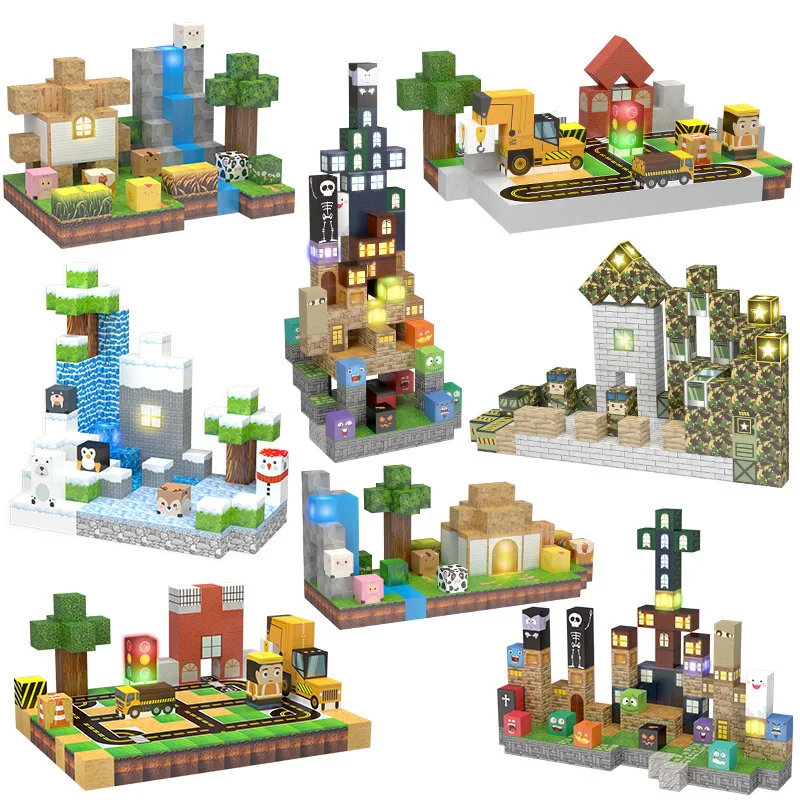 Kit de bloques de construcción de cubos magnéticos, escena de construcción de la serie de granja militar con iluminación, juguetes ensamblados con imán DIY para regalo de chico