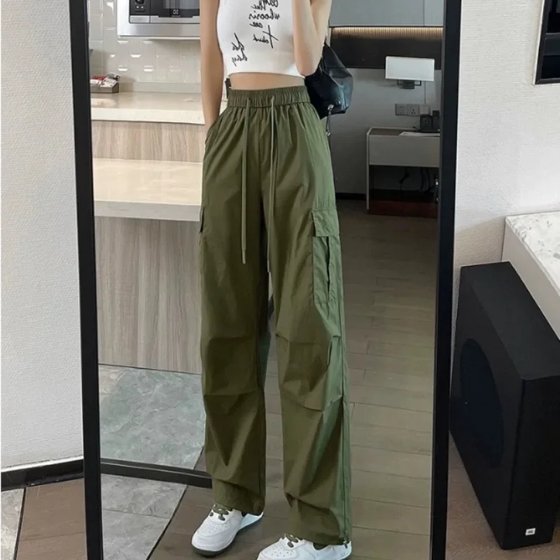 Female Trousers Elastic Waist Straight Leg Loose Army Green Baggy Women\'s Cargo Pants Clothing Aesthetic Slacks Casual Xxl Nylon