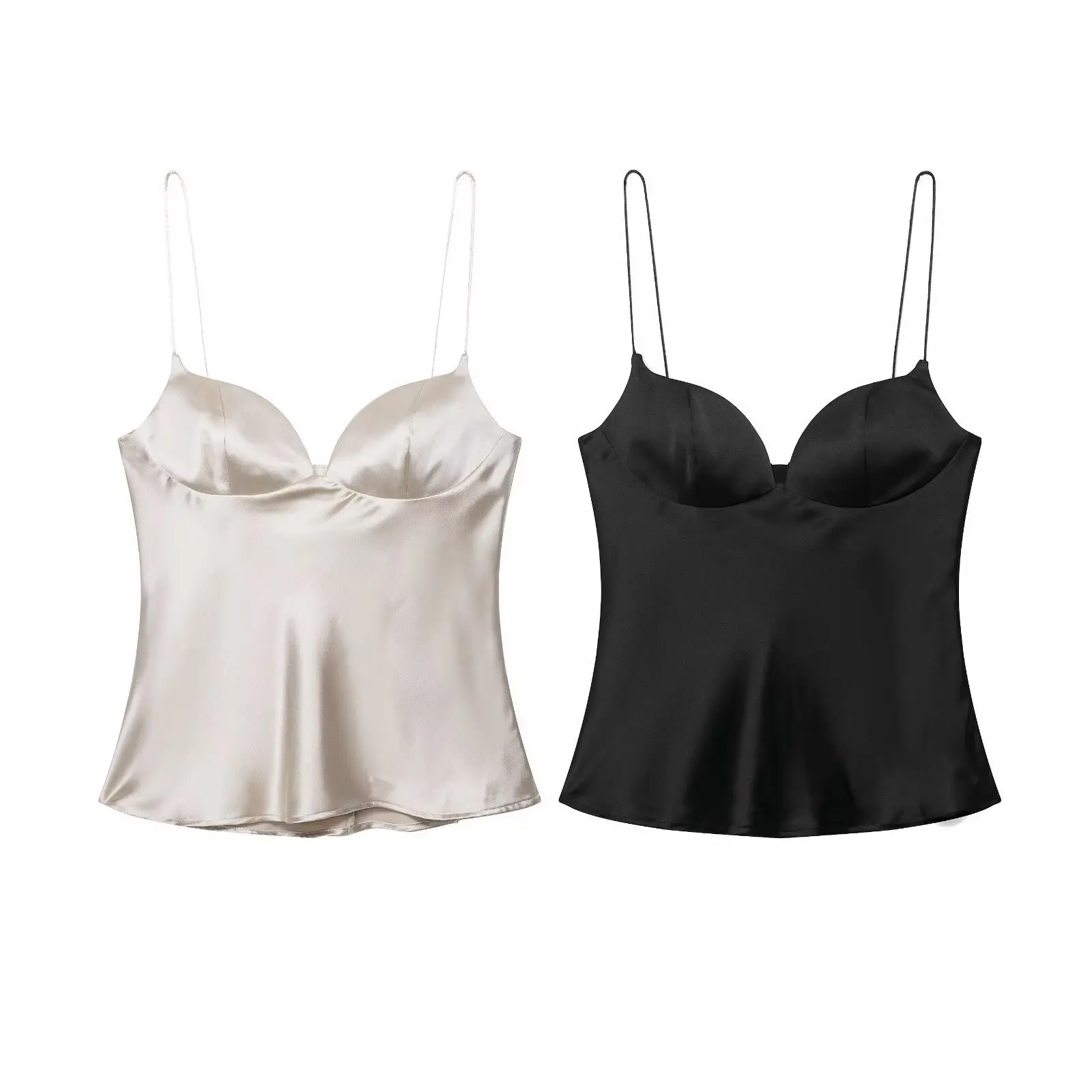 2026 Neue Sommer Satin-Texturierte Schwarze Sling-Tops für Damen, Elegante V-Ausschnitt Rückenfreie Oberteile, Sexy Club-Party-Tanktops – Detail 1