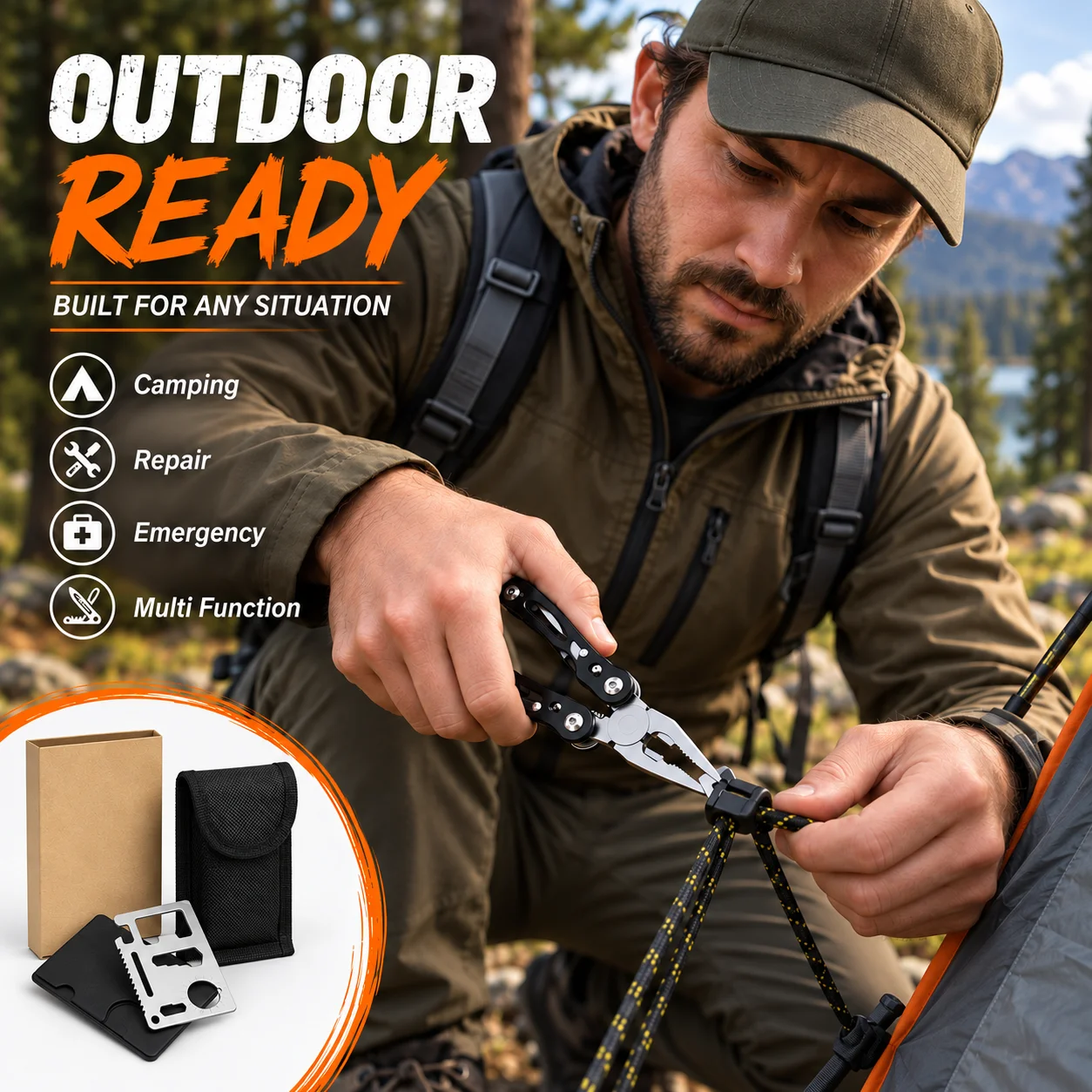 2PCS Outdoor Multi Tool Set, Folding Pliers and Pocket Card Tool, Camping Repair Emergency Hand Tools, Portable Survival Gear