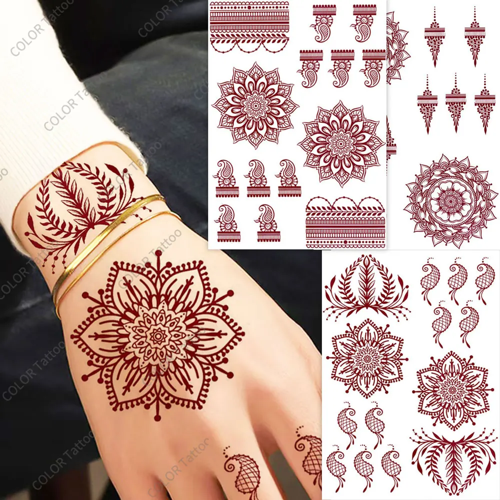 

Цветочные временные татуировки для женщин, темно-бордовые татуировки из хны, наклейки для пальцев рук, одноразовые поддельные татуировки