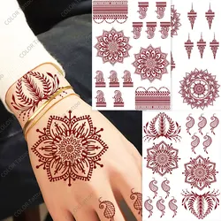 Flower Temporary Tattoos for Women, Maroon Henna Tattoo Stickers for Hand Fingers Disposable Fake Tattoo