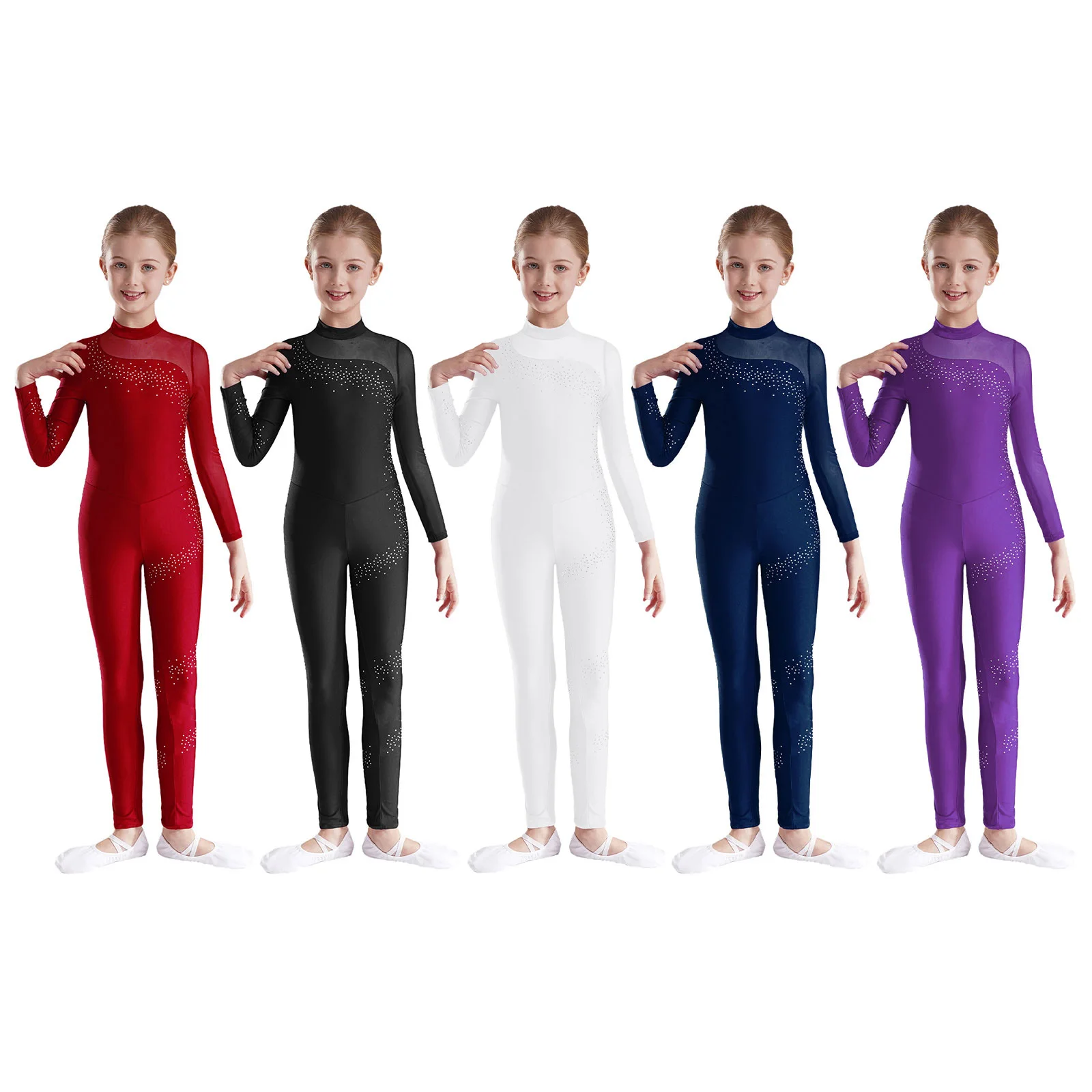 Kids Girls Ballet Dance Leotard Gymnastics Jumpsuit Sparkly Rhinestones Sheer Mesh Patchwork Long Sleeve Keyhole Back Bodysuit