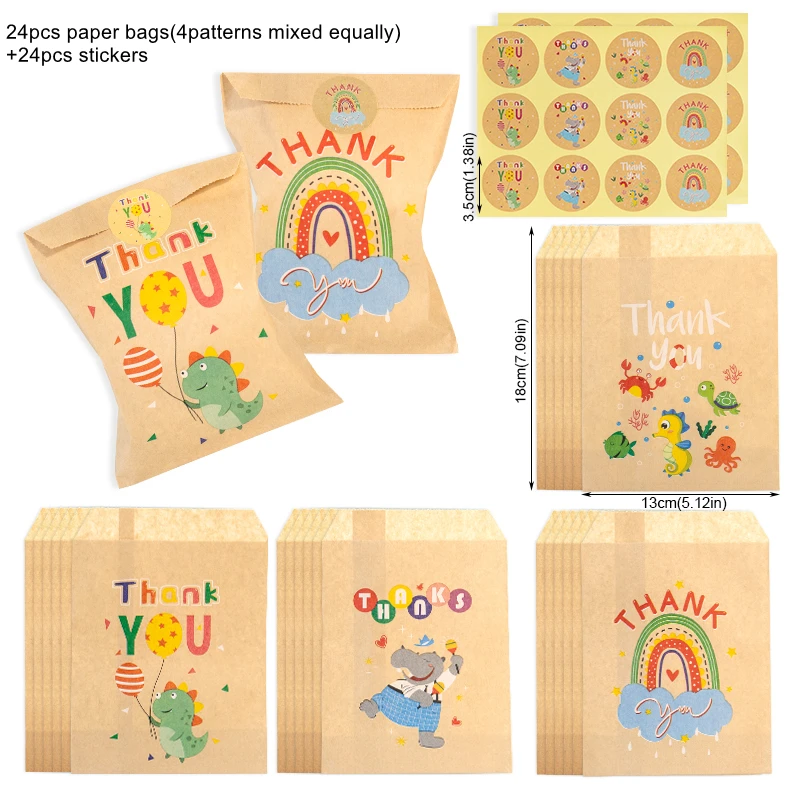 24 Sets Danke Kraftpapiertüten Niedlicher Regenbogen Dino Alles Gute zum Geburtstag Geschenkbeutel Retro Blumen Partybevorzugung Tasche Süßigkeiten Keks Zubehör – Detail 2