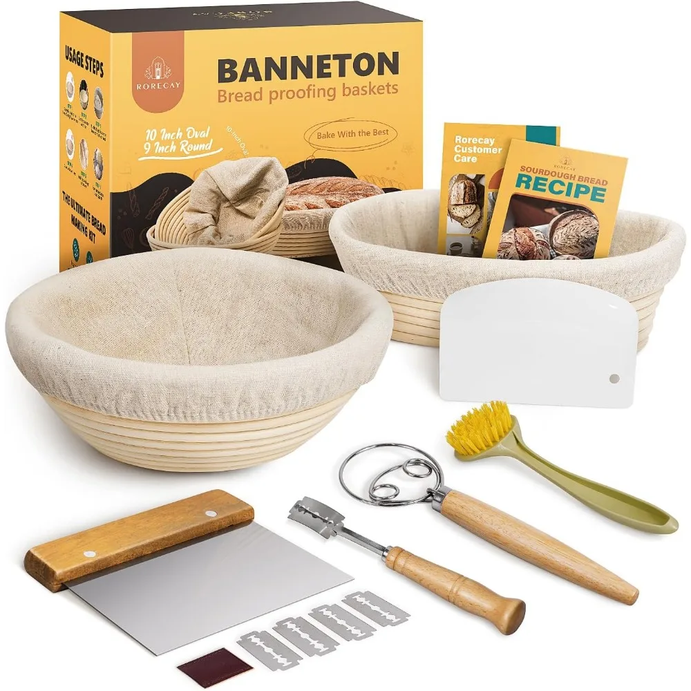 

9 Inch Round & 10 Inch Oval Bread Proofing Baskets with Dough Whisk, Lame, Scraper Set for Sourdough Baking Supplies