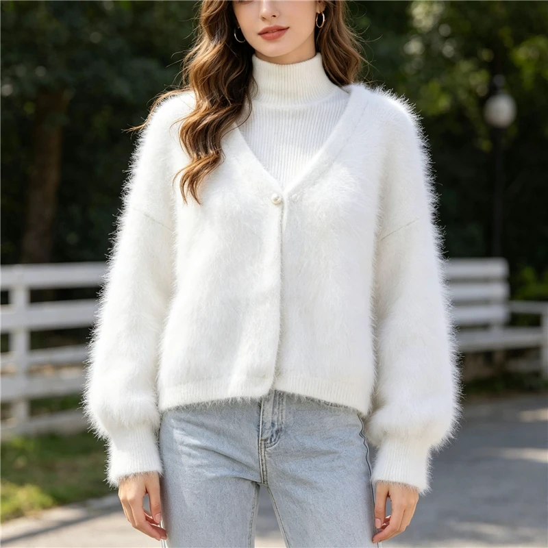 

Ladies Women Autumn Winter White Hairy Mink Cashmere Knitted V-Neck Long Lantern Sleeves Short Style Loose Cardigans Sweater