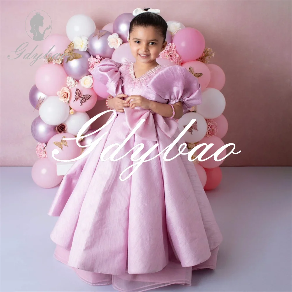 

Luxury Feather V Neck Puff Sleeve A Line Pleat Flower Girl Dress Floor Length Classic Elegant First Communion Gown Customized