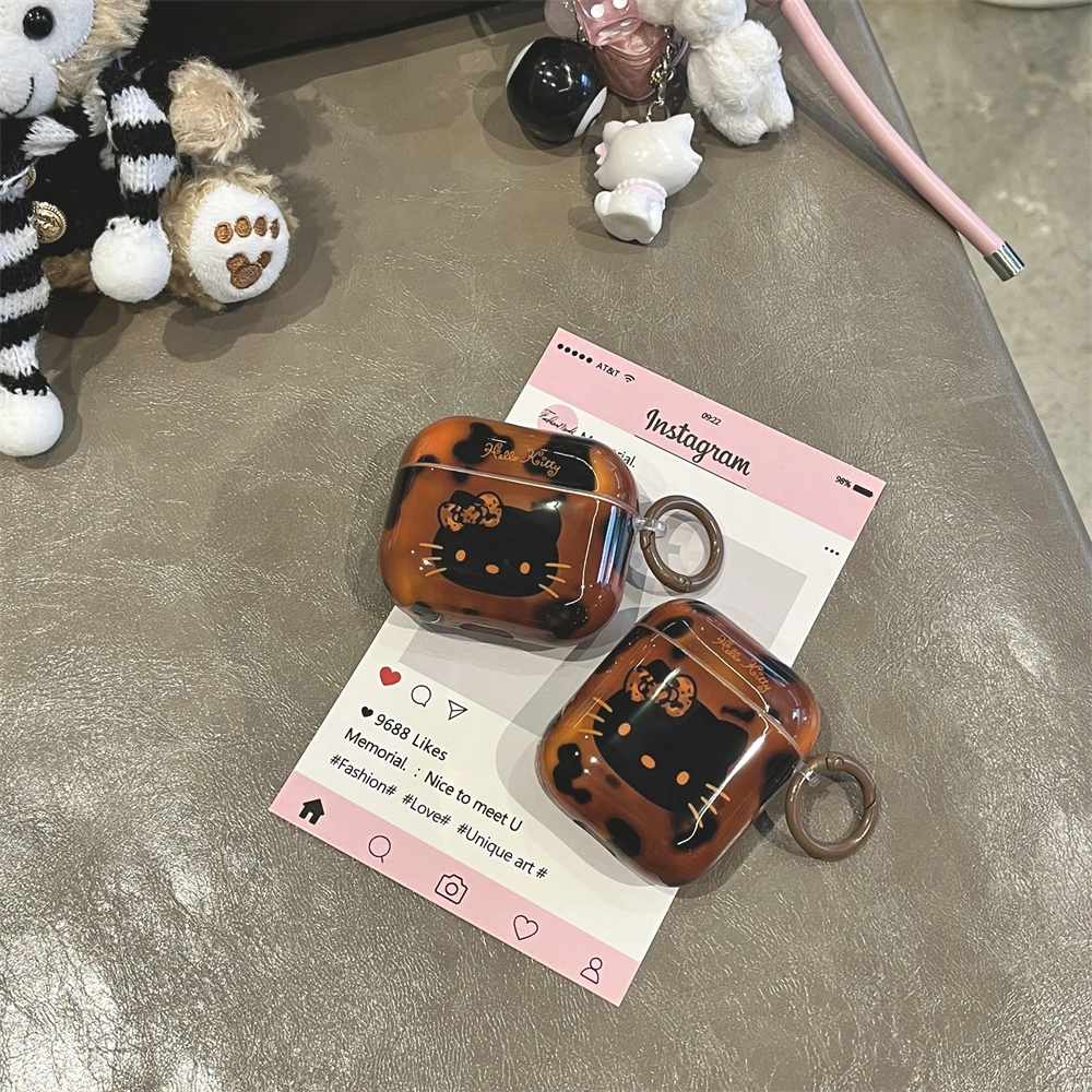 Stylish Cute Hello Kitty Dark Color Tortoiseshell Amber Glossy Protective Case For AirPods Pro 2 AirPods 4 3 2 1 Pro Cover Case