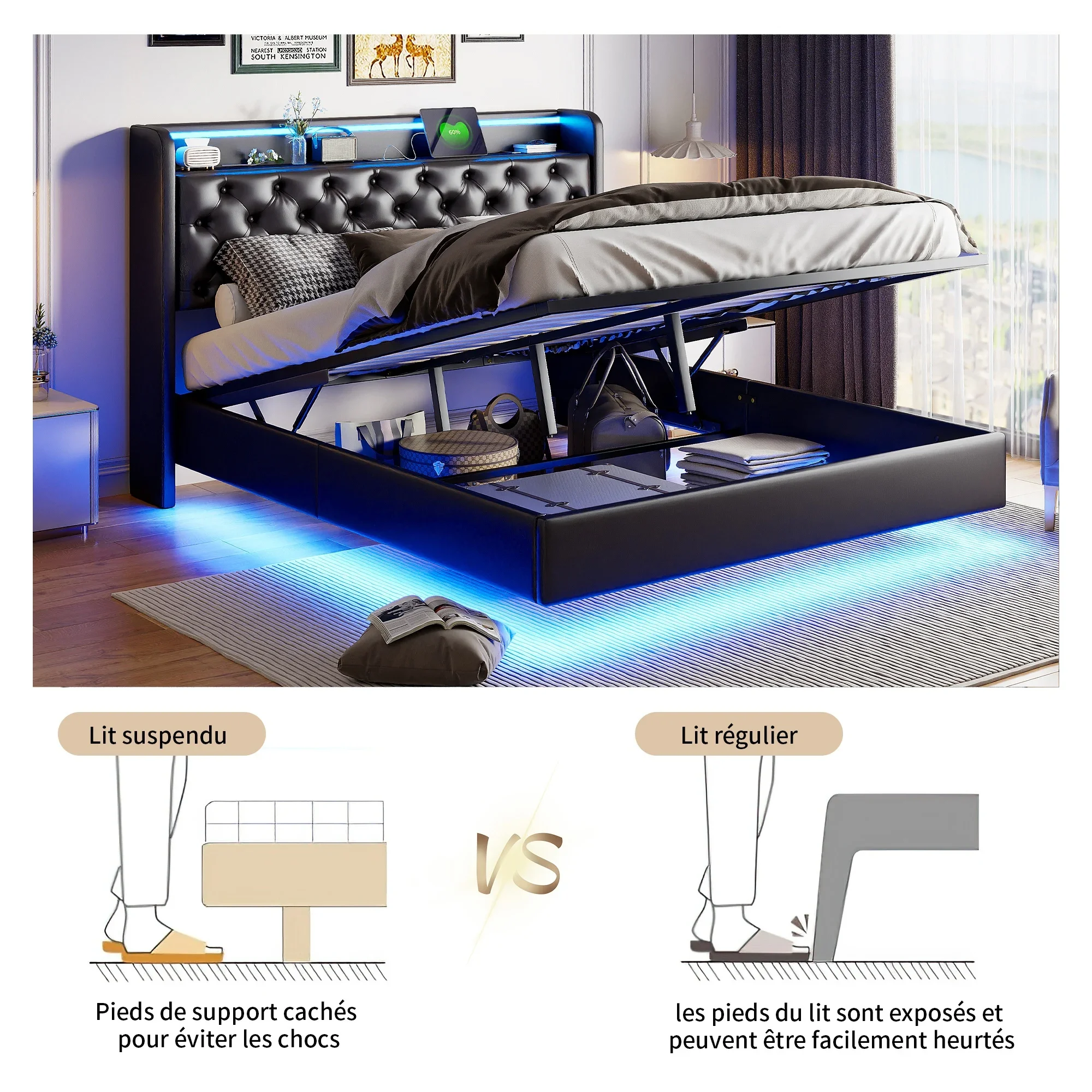 Rosahqnda Polsterbett, Doppelbett mit USB-Ladefunktion, LED-Beleuchtung, Kopfteil mit Stauraum, versteckte Bettfüße, Leder-Finish – Detail 8