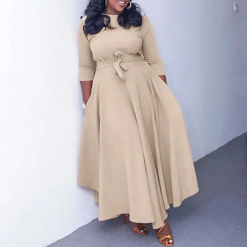 Plus Size Khaki Casual Round Neck With Pocket Wrap Midi Dress