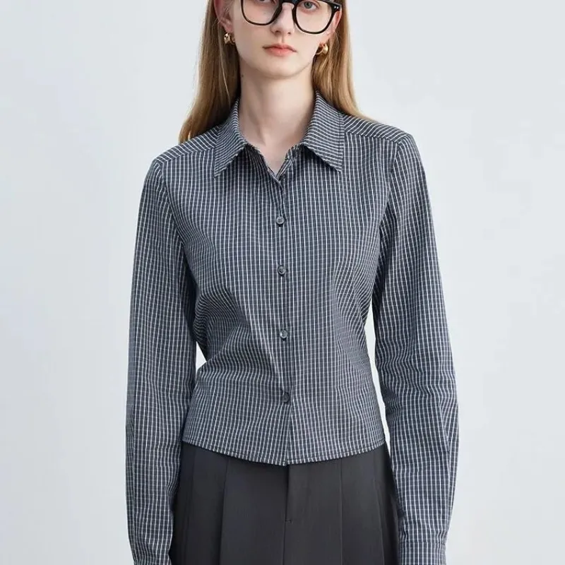 

Women's Retro Plaid Shirt MIU Style Intellectual Commute Top Slim Fit Long Sleeve Blouse