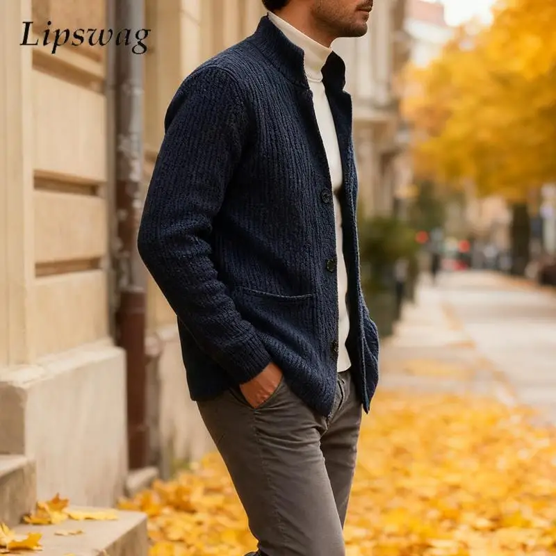 

Модные свитера с воротником-стойкой на пуговицах, мужские весенне-осенние повседневные однотонные вязаные кардиганы, мужские стильные вязаные куртки 5XL
