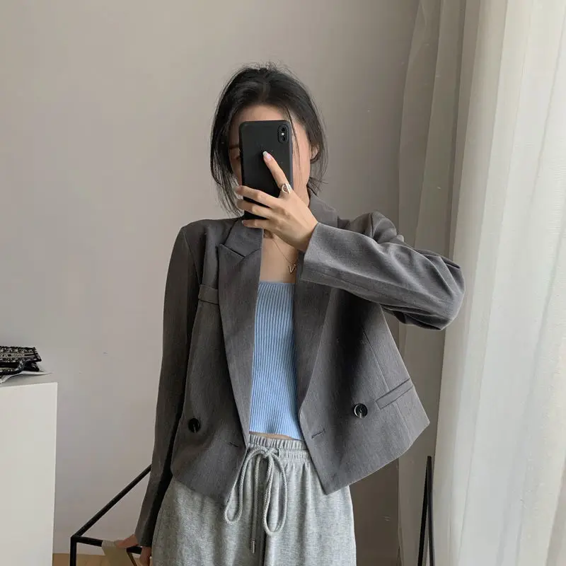 

Women's Spring Autumn Solid Color Season Slim-Fit Western-Style Lapel Suit Jacket Fashion Long Sleeve Cropped Casual Top