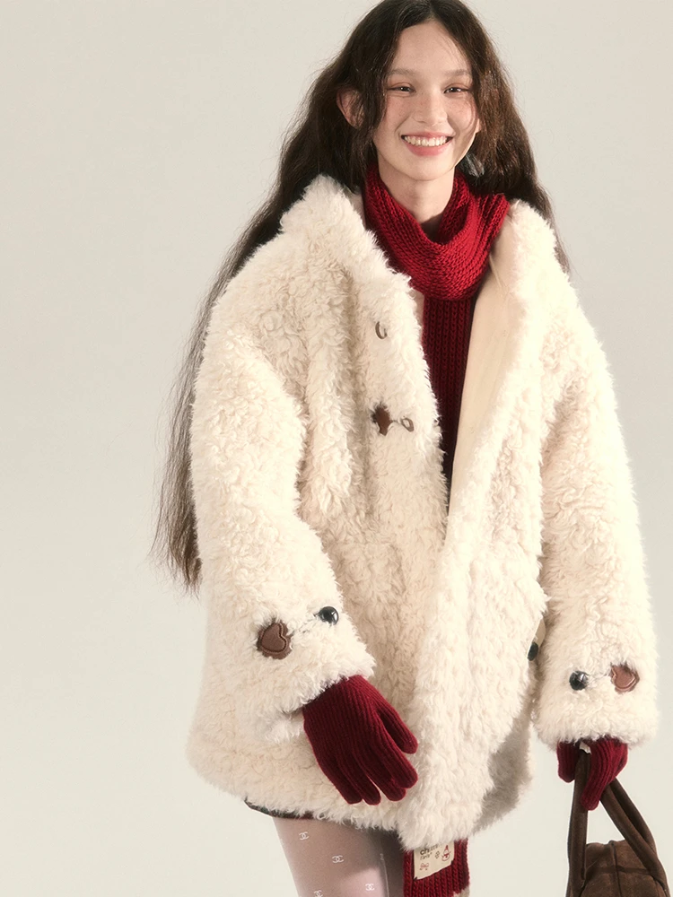 Retro Sweet Loose Lamb Wool Soft Glutinous Fur One Long-sleeved Hooded Cotton Square Collar Single-breasted Jacket Ms. Y2k