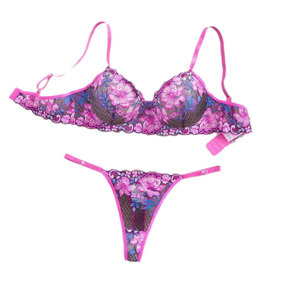 

French Lace Floral Lingerie Set, Hollow Out & Breathable, Thin Push-Up Bra
