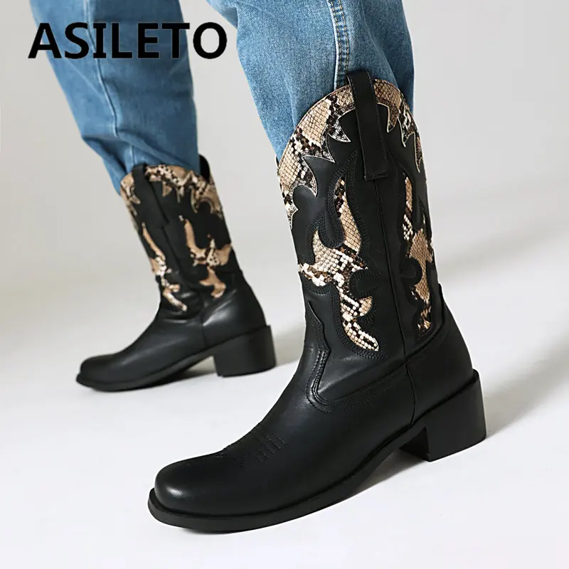 

ASILETO Fashion Western Boots Round Toe Block Heels Slip On Embroider Plus Size 49 50 Mixed Color Female Leisure Daily Booties