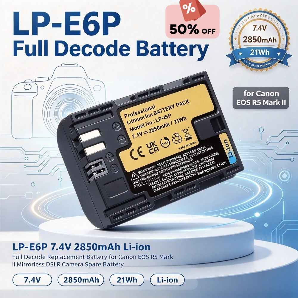 LP-E6P 7.4V 2850mAh Li-ion Full Decode Replacement Battery for Canon EOS R5 Mark II Mirrorless DSLR Camera Spare Battery Pack
