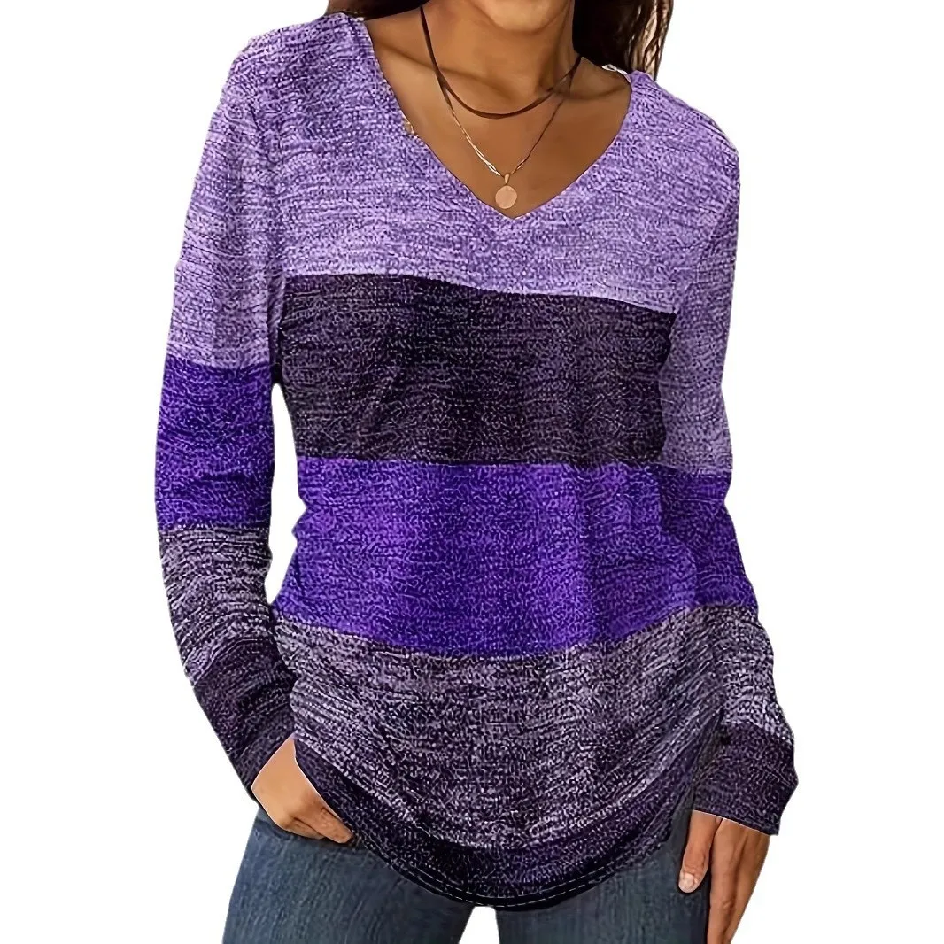Loose Fit Long Sleeve T Shirt V Neck Digital Print Long Sleeve Tee Oversized Fit Horizontal Striped Long Sleeve Top Multicolor view 2