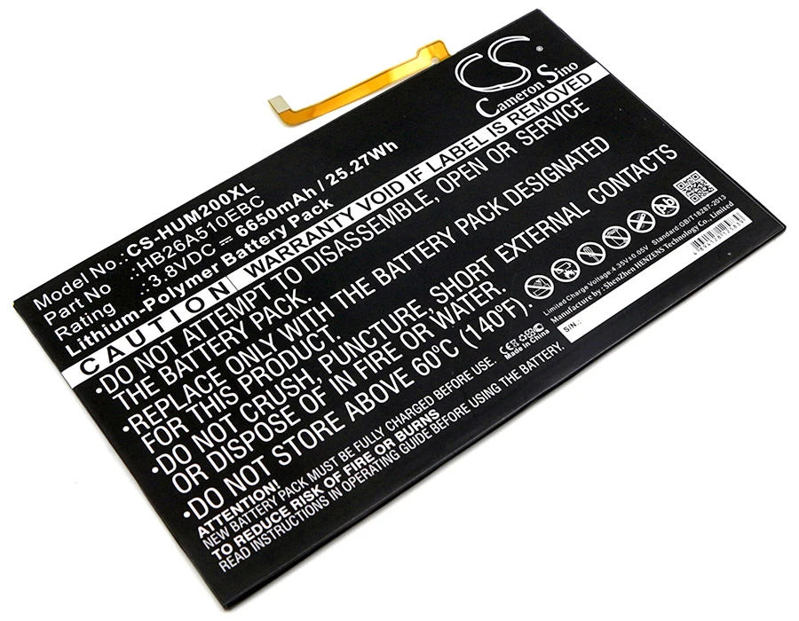 

Cameron Sino Battery For Huawei HB26A510EBC BAH-L09,FDR-A01w,FDR-A03L,M2-A01L,M2-A01W,M3 Lite 10 6650mAh / 25.27Wh