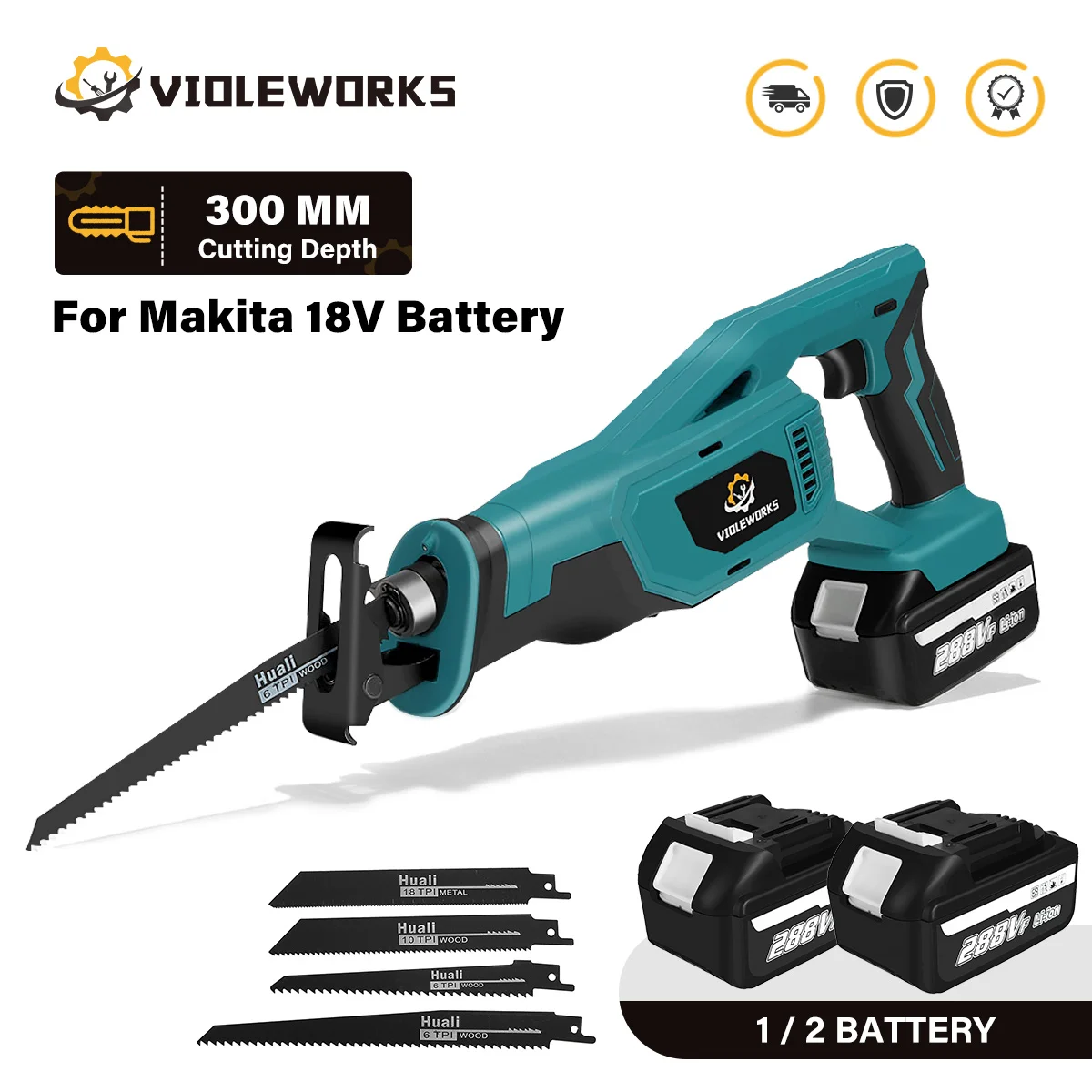 VIOLEWORKS Cordless Reciprocating Saw with 4pcs Blades Electric Saw Wood Metal Pipe Cutting Tool for Makita 18v Battery