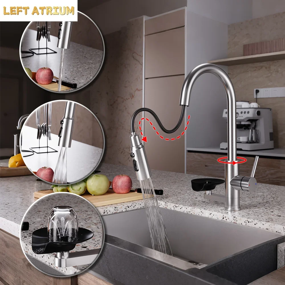 Modern High End Kitchen Sink Faucet with Cup Washer Brushed Nickel Pull Out Spout Kitchen Faucets One Hole 360° Swivel Mixer Tap