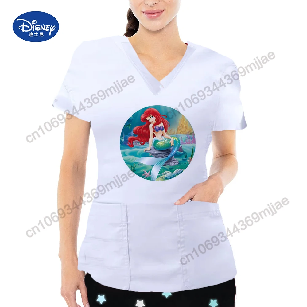 Fashion V-neck Design Women's T-shirts Cartoon Pattern Short Sleeves Female Tops for Summer Two-Pocket Casual Clothes for Women