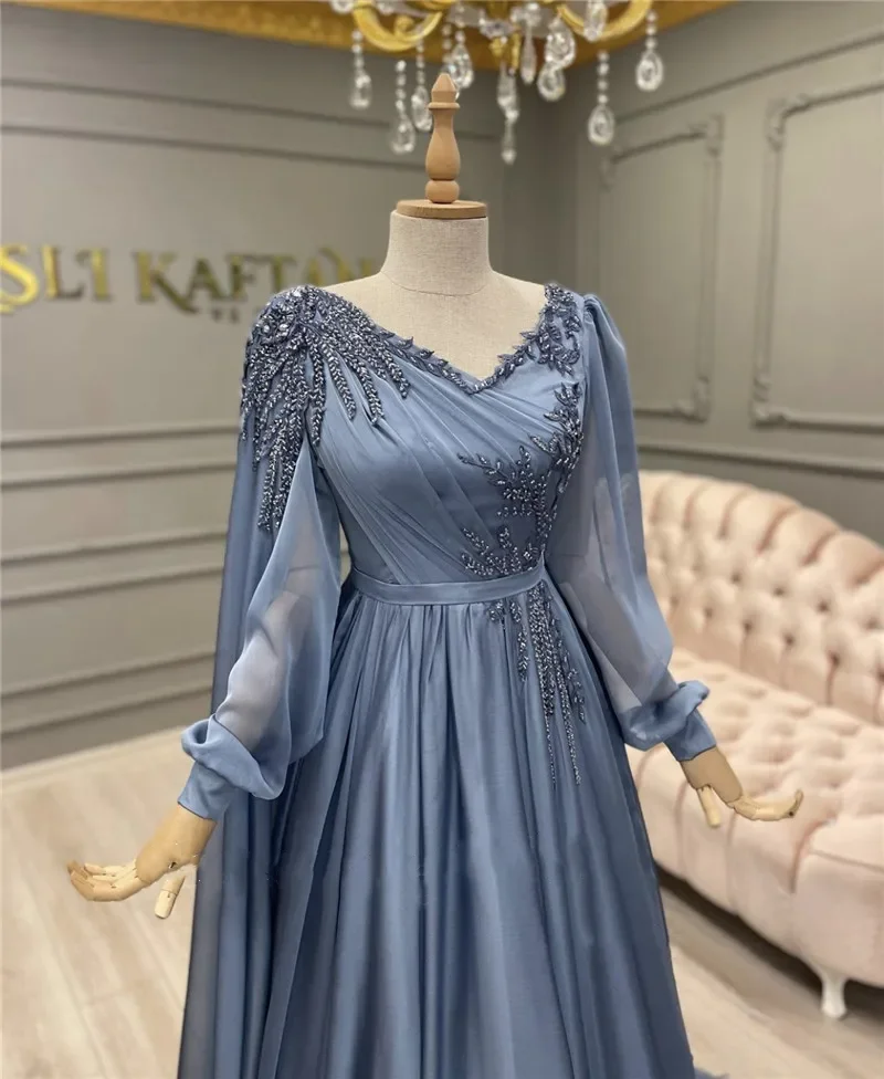 Robe de soirée en mousseline de soie à manches longues pour femmes, robe de Rhperlée, col en V, dentelle, personnalisé, formel, Dubaï, moderne, élégant
