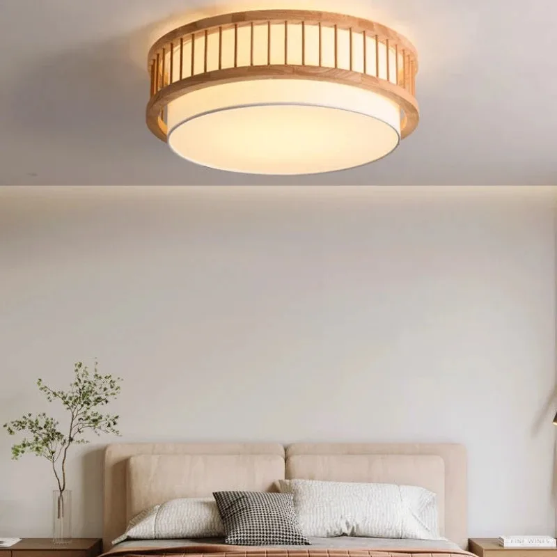 Japanese Wooden Style Pendant Light Fabric Shade Decorative Ceiling Hanging Lamp For Dining Room Home
