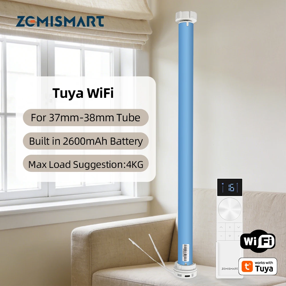 Zemismart WiFi Rechargeable Roller Shade Blinds Motor for 37mm 38mm Tube Work with Tuya Smart App Alexa Google Home Voice
