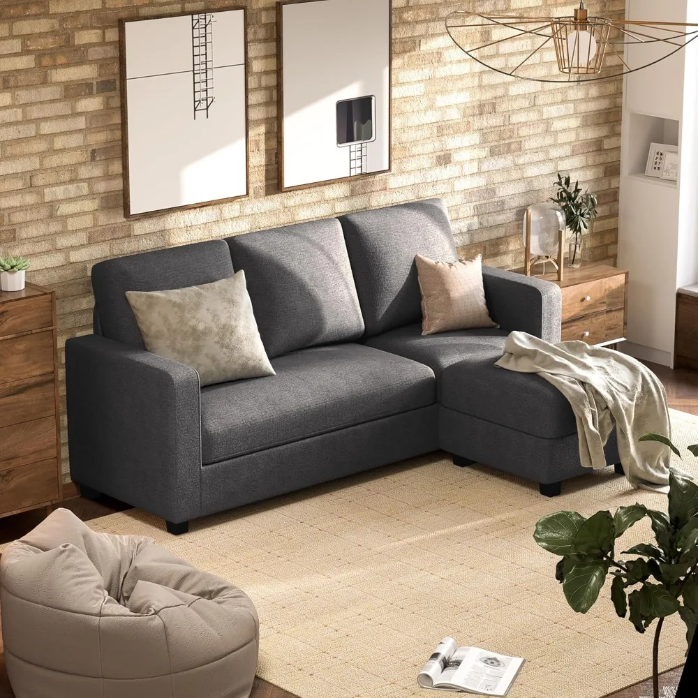 Convertible Sectional Couch, Fabric L-Shaped 3 Seats, Removable Ottoman, Small Sofa Small Apartments, Living Rooms and Offices